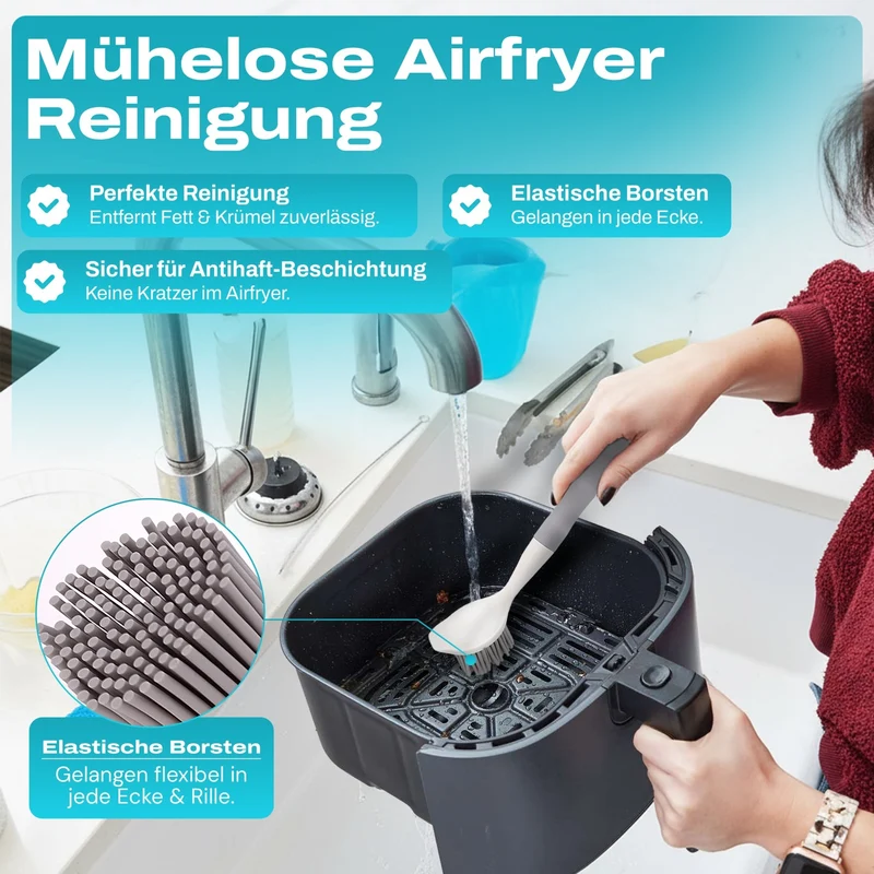 WunderFry® | Reinigungsbürste mit Silikonborsten für Airfryer, Kontaktgrill & Pfannen