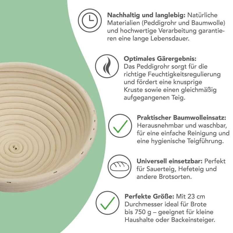 Gärkörbchen aus Peddigrohr mit Baumwolleinsatz | rund Ø 23 cm