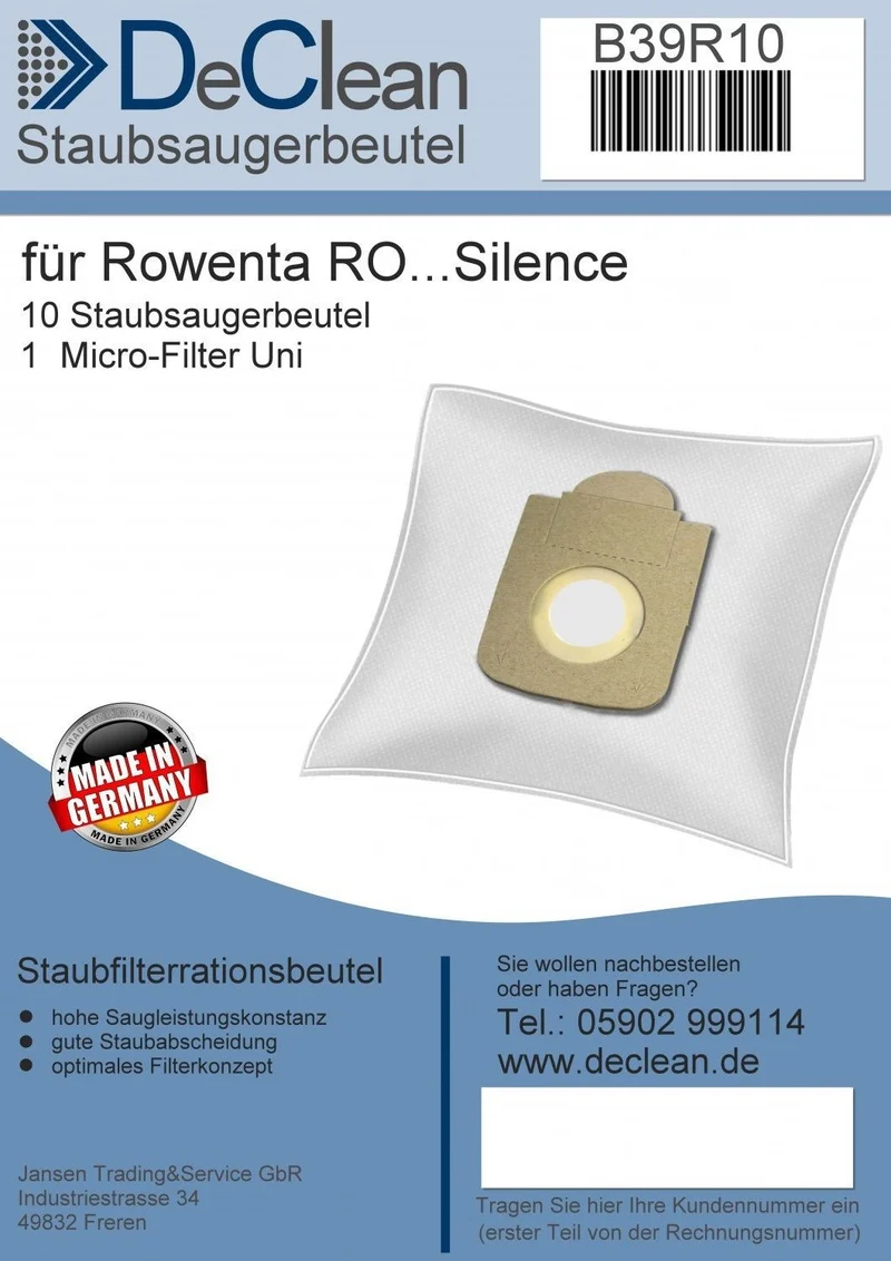 10 DeClean Staubsaugerbeutel kompatibel mit Rowenta Serie RO64.. Silence Force