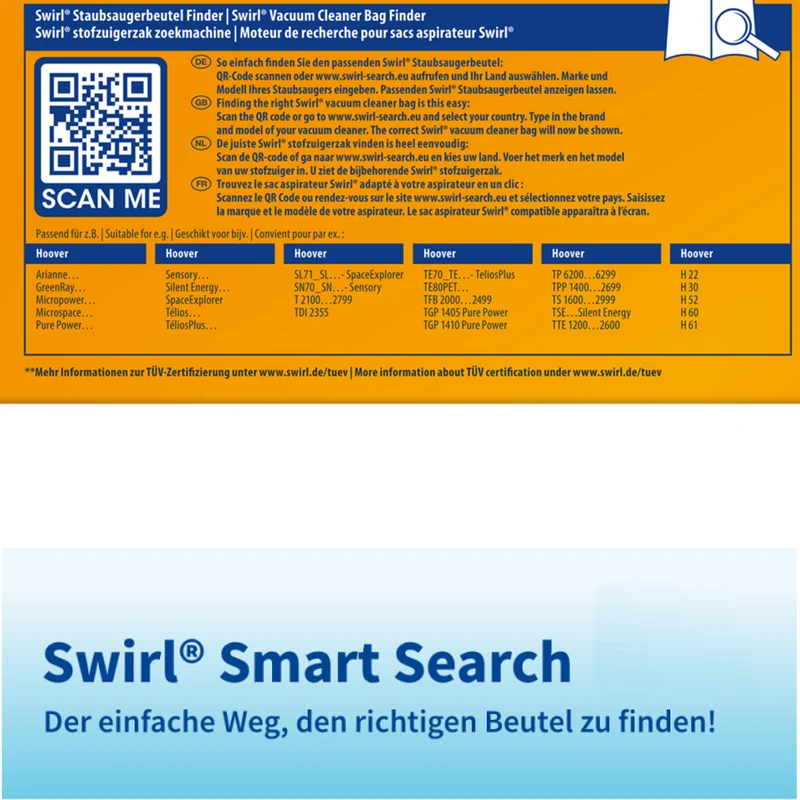 Staubsaugerbeutel kompatibel mit Swirl, Hoover Telios H30 H52