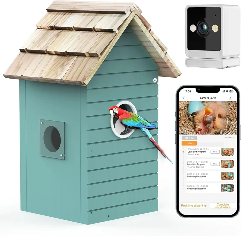 RAINBEAN Nistkasten mit Kamera NB-E1 – 4 MP, Echtzeit-Vogelbeobachtung, KI-Erkennung, DIY, Blau