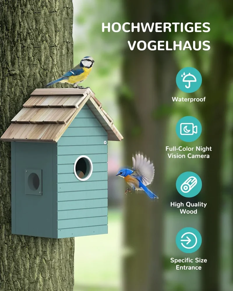 RAINBEAN Nistkasten mit Kamera NB-E1 – 4 MP, Echtzeit-Vogelbeobachtung, KI-Erkennung, DIY, Blau