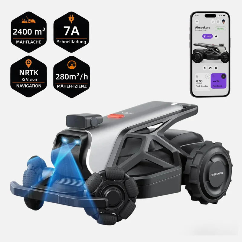 AIRSEEKERS TRON Standard – 15 Ah Akku, 2400 m² Mähroboter mit Schnellladung