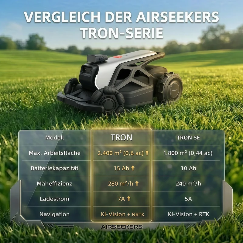 AIRSEEKERS TRON Standard – 15 Ah Akku, 2400 m² Mähroboter mit Schnellladung