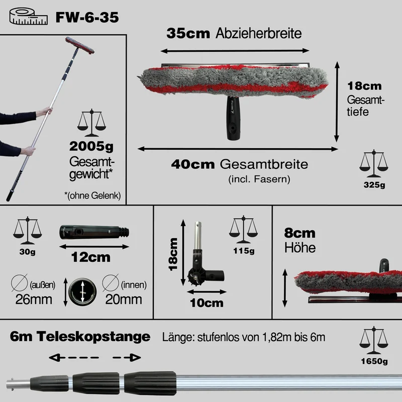6m Teleskop Fensterwischer Set 35/40cm zur Glasreinigung Fensterreinigung Solarreinigung