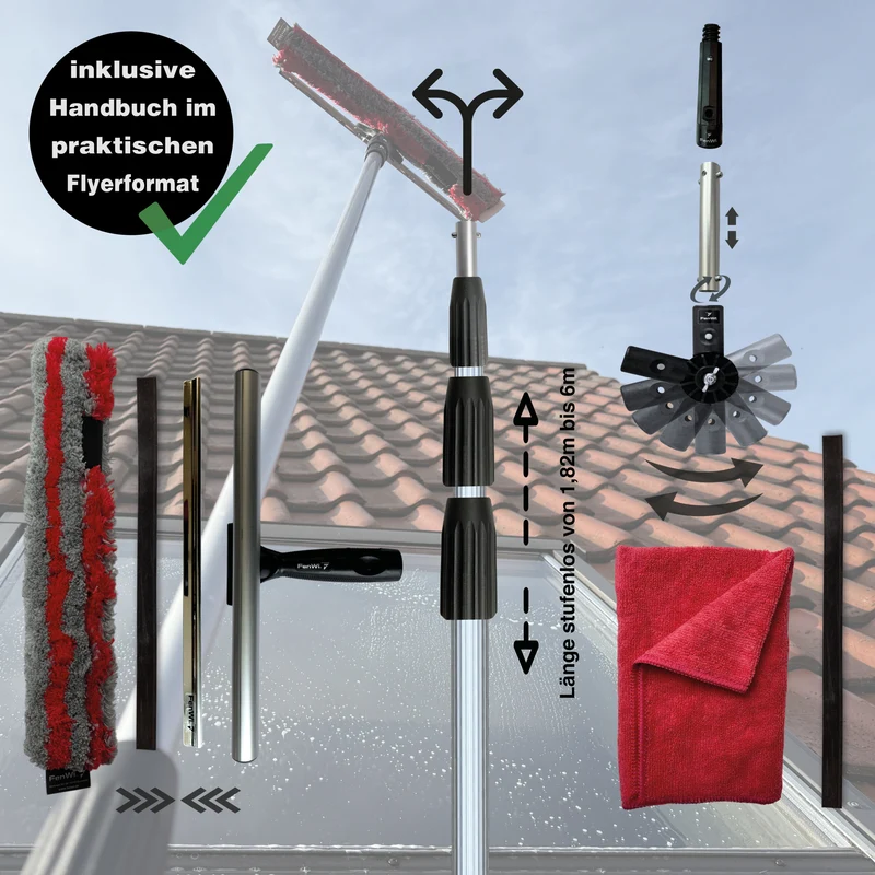 6m Teleskop Fensterwischer Set 35/40cm zur Glasreinigung Fensterreinigung Solarreinigung