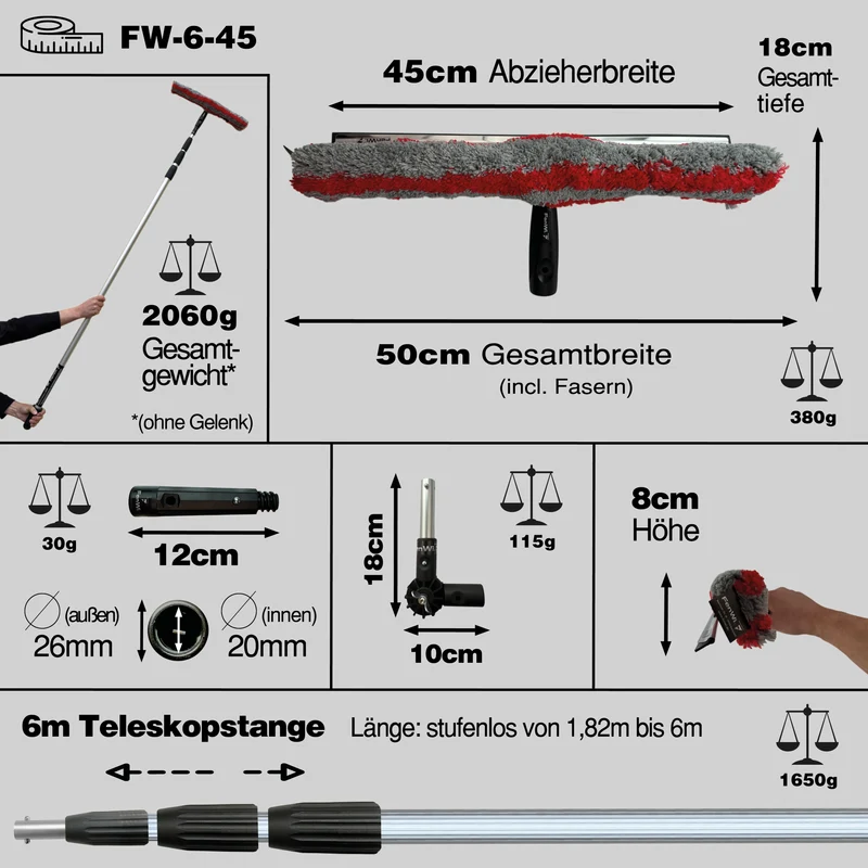 6m Teleskop Fensterreiniger Photovoltaik Set für Fenster und Solar mit 45/50cm Kombi-Wischer