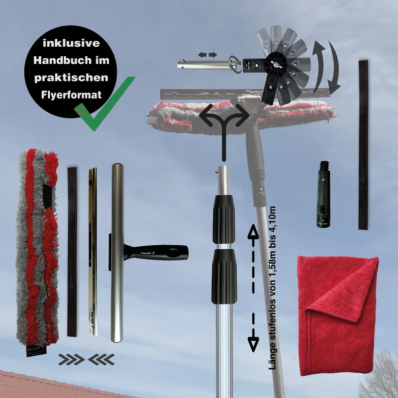 4m Teleskop Fensterwischer Set für Glas Fenster und Wintergarten Reinigung