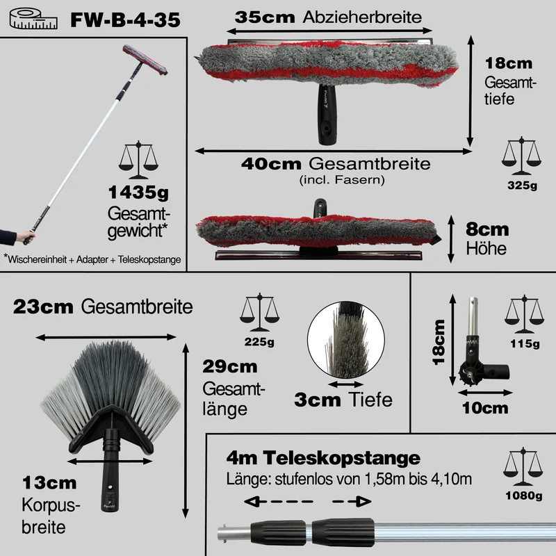 4m Teleskop Reinigungsset mit Fensterwischer und Besen für Wintergarten und Terrasse