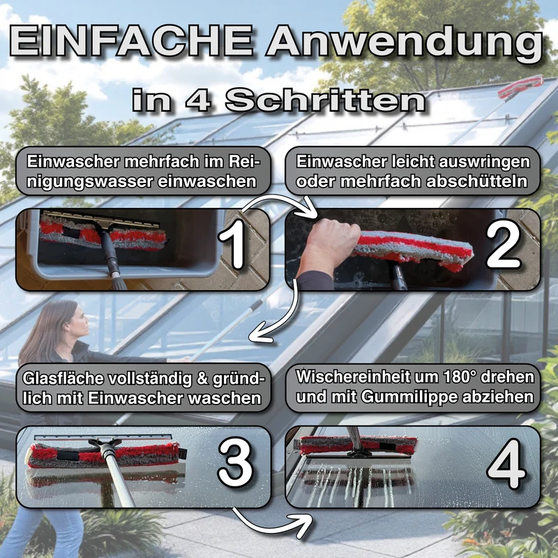 4m Teleskop Reinigungsset mit Fensterwischer und Besen für Wintergarten und Terrasse