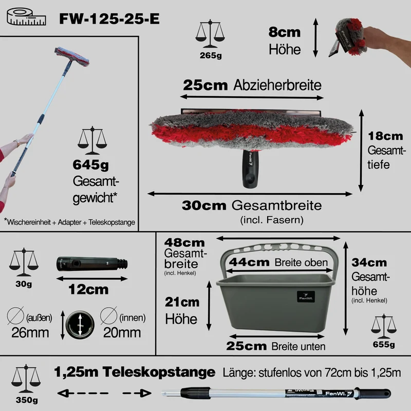 1,25m Teleskop Fensterputzer Set mit 25/30cm Kombi Fensterwischer und Eimer