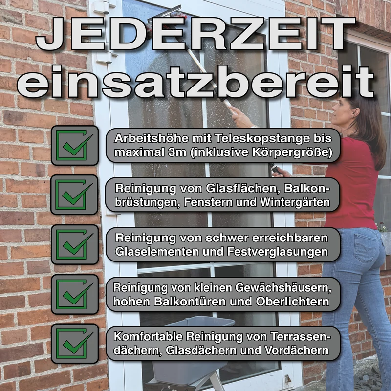 1,25m Teleskop Fensterputzer Set mit 25/30cm Kombi Fensterwischer und Eimer