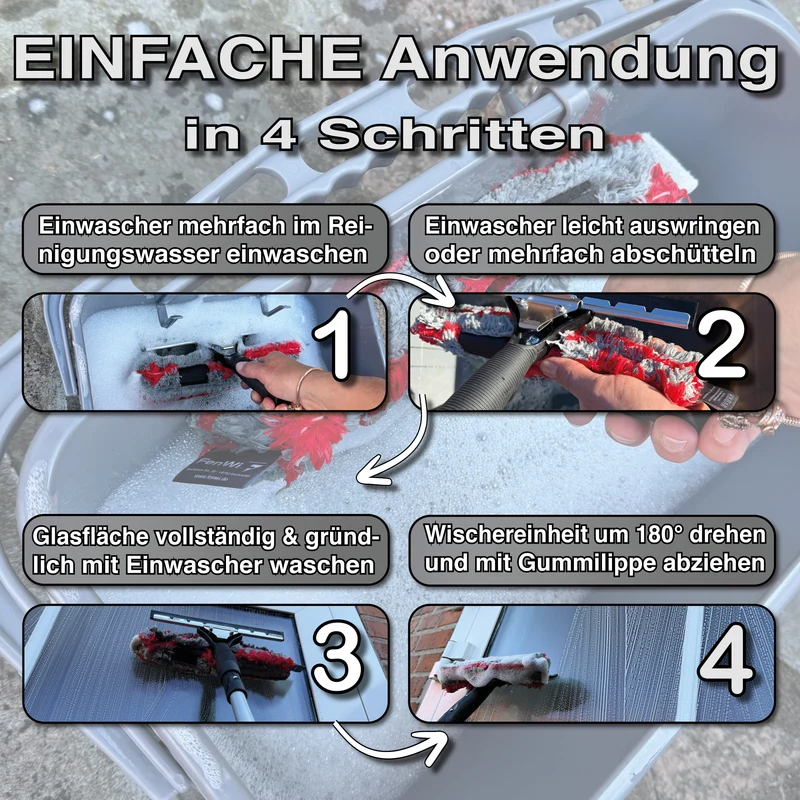 1,25m Teleskop Fensterputzer Set mit 25/30cm Kombi Fensterwischer und Eimer