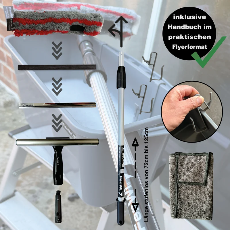 1,25m Teleskop Fensterputzer Set mit 25/30cm Kombi Fensterwischer und Eimer