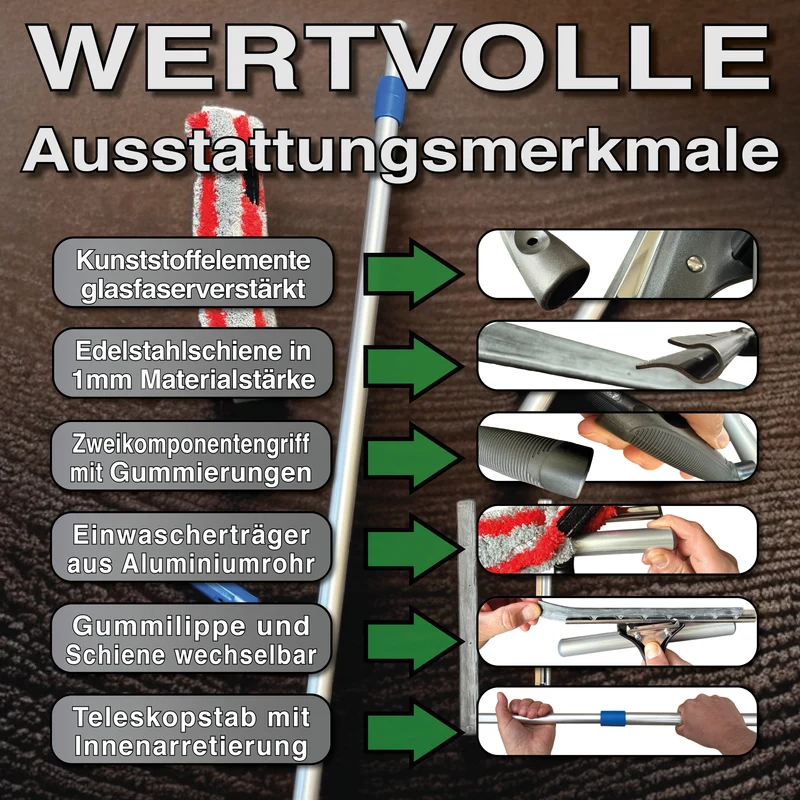 3m Teleskop Fensterwischer Wintergarten Set mit 25/30cm Kombi-Wischer