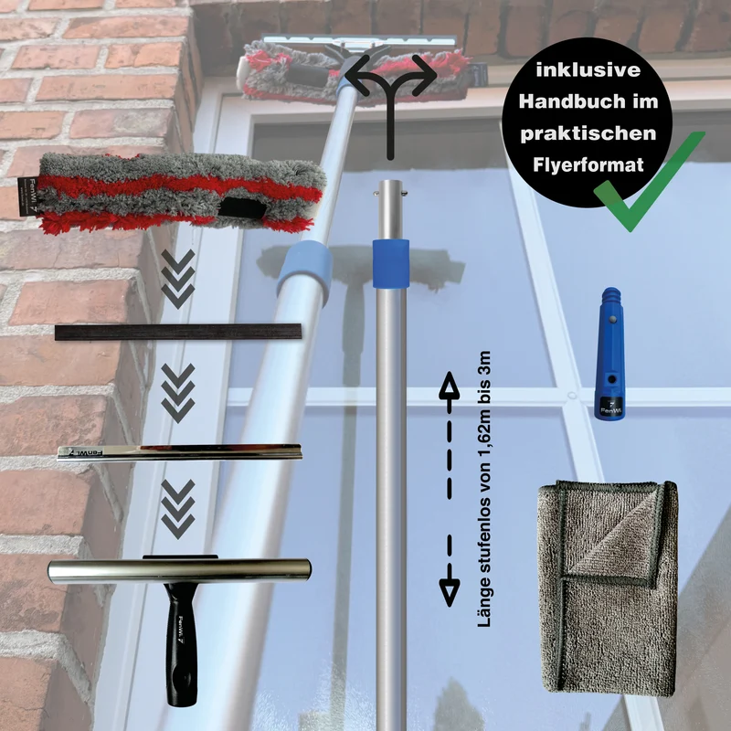 3m Teleskop Fensterwischer Wintergarten Set mit 25/30cm Kombi-Wischer