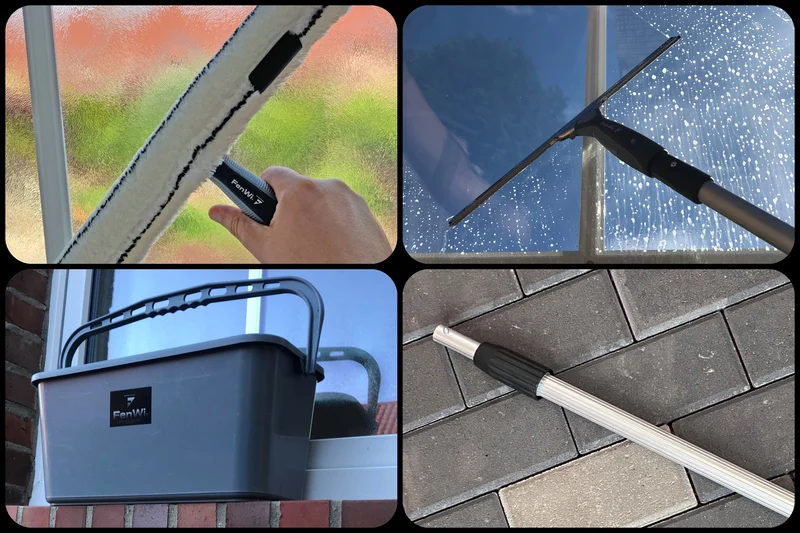 1,25m Teleskop Fensterputzer Set mit 25/35cm Abzieher, Einwascher und Eimer