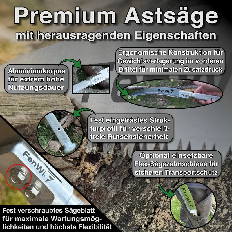Premium Astsäge mit Aluminium Spezialgriff und wechselbarem Sägeblatt mit Haken vorne