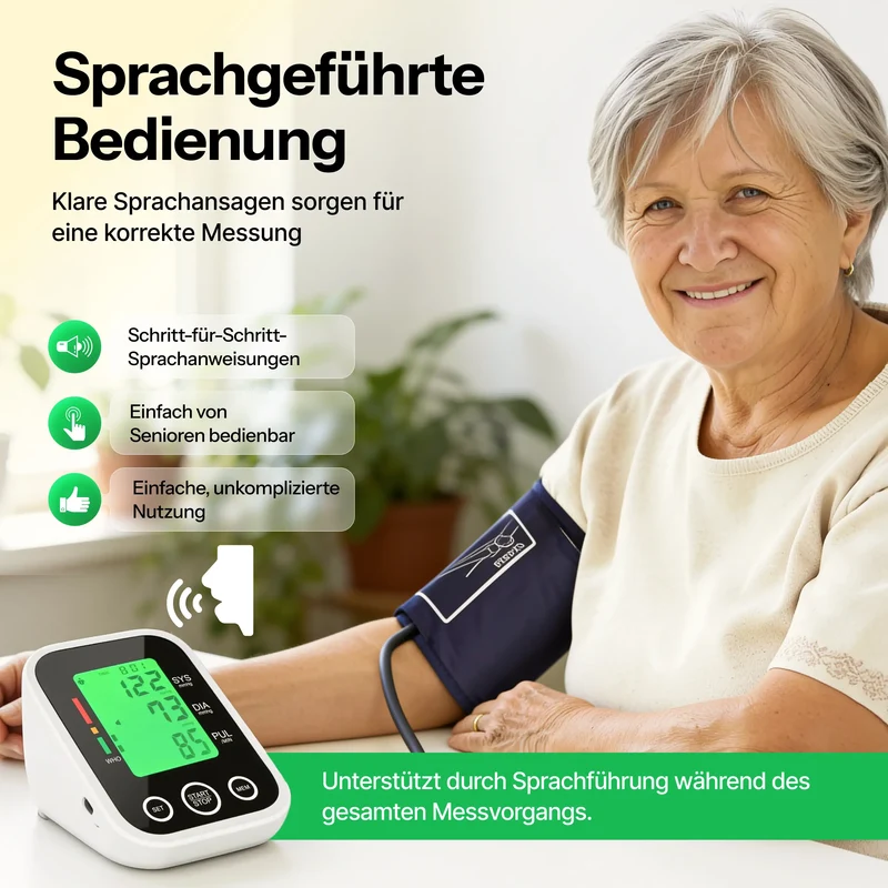 Blutdruckmessgerät für präzise Oberarm-Blutdruck- und Pulsmessung / Sprachansage mit WHO-Bewertung / 2×99 Speicherplätze / Für den Heimgebrauch