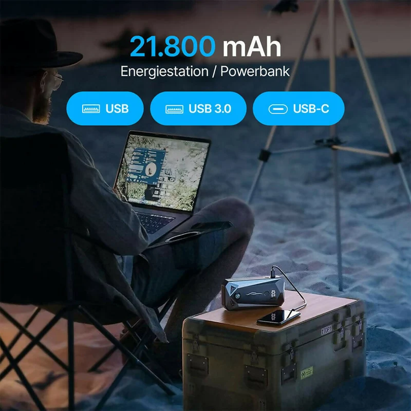 Starthilfe Powerbank / 6000 A Spitzenstrom / Für alle Fahrzeugtypen / Inkl. Taschenlampe & Kompass / 2 USB-Ausgänge / Mit Explosions- & Verpolungsschutz