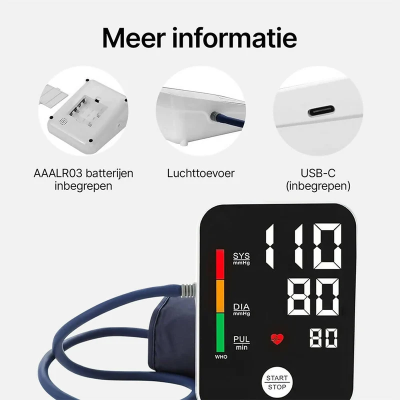 Zeer nauwkeurige bovenarm bloeddrukmeter / meten via bovenarm / detectie van hartritmestoornissen / met slimme geheugenfunctie voor thuisgebruik (bloeddrukmeter)