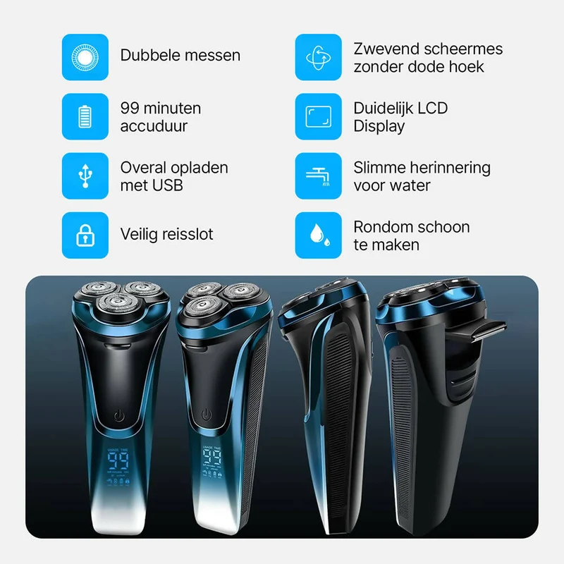 Elektrisch scheerapparaat voor heren met 3 reservekoppen, nat en droog scheren, met pop-up trimmer en led-display, 99 minuten batterijduur
