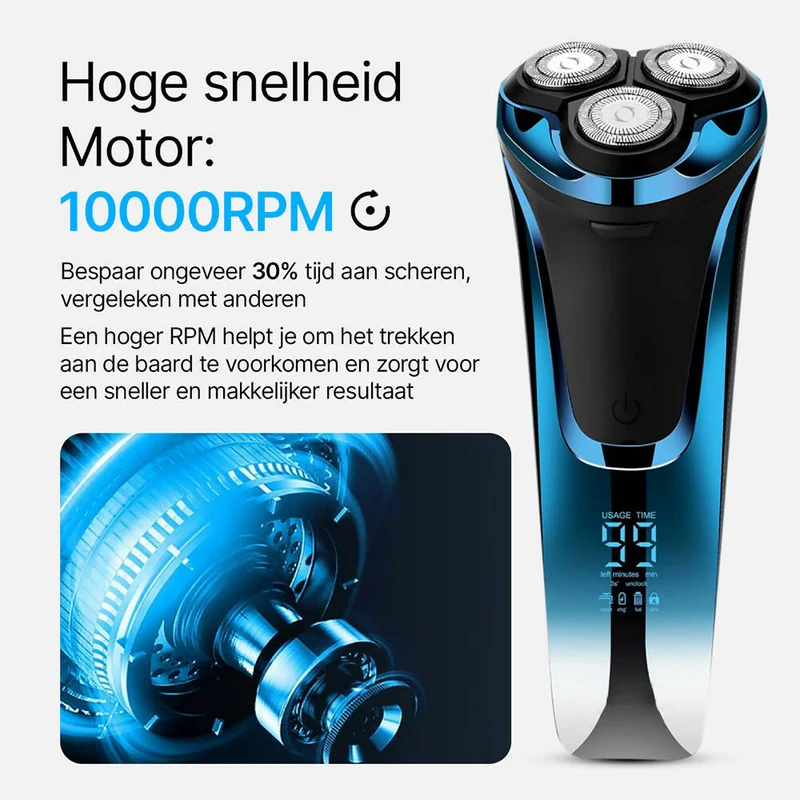 Elektrisch scheerapparaat voor heren met 3 reservekoppen, nat en droog scheren, met pop-up trimmer en led-display, 99 minuten batterijduur