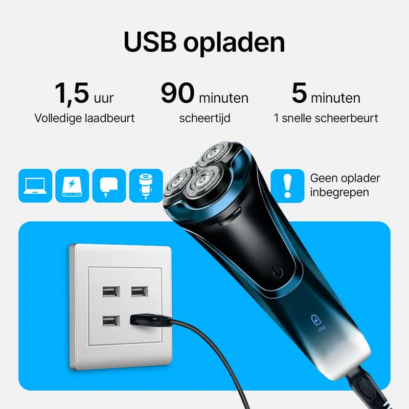 Elektrisch scheerapparaat voor heren met 3 reservekoppen, nat en droog scheren, met pop-up trimmer en led-display, 99 minuten batterijduur
