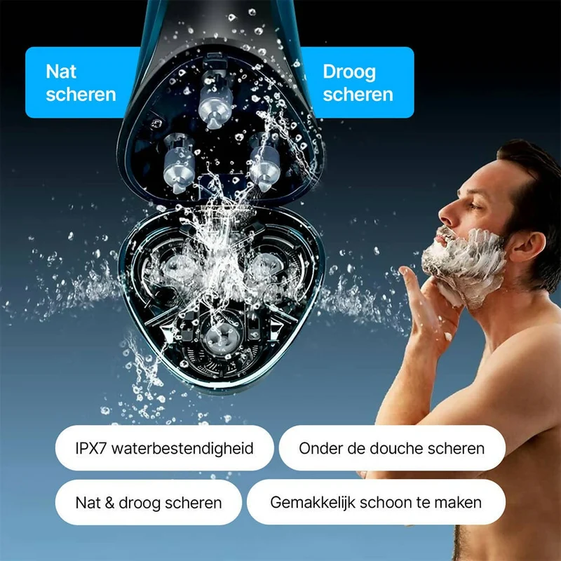 Elektrisch scheerapparaat voor heren met 3 reservekoppen, nat en droog scheren, met pop-up trimmer en led-display, 99 minuten batterijduur