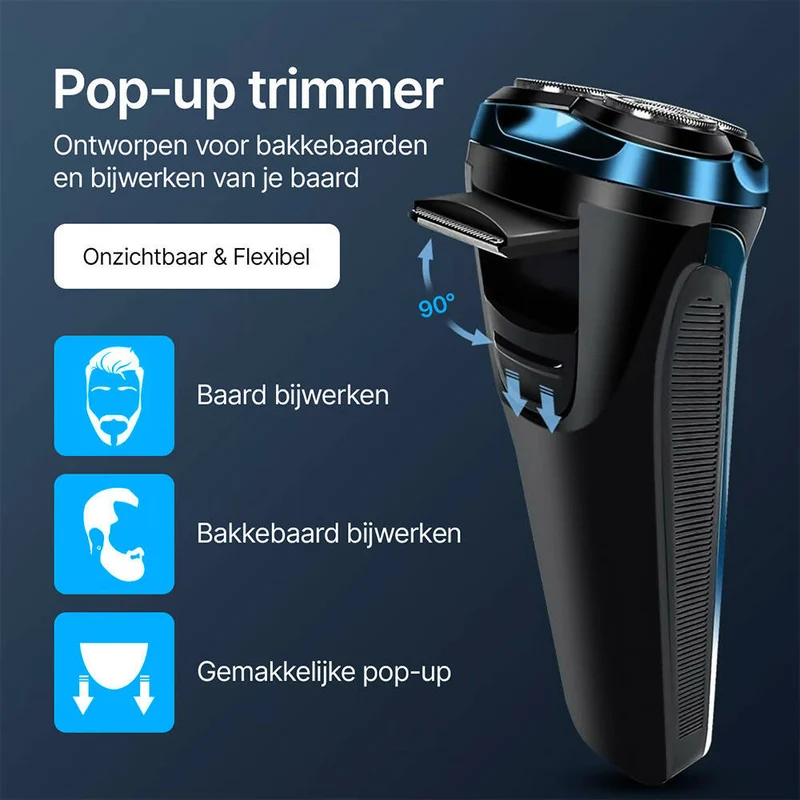 Elektrisch scheerapparaat voor heren met 3 reservekoppen, nat en droog scheren, met pop-up trimmer en led-display, 99 minuten batterijduur