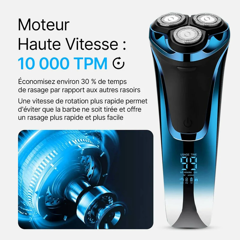 Rasoir électrique pour hommes avec 3 Têtes de rechange / Rasage humide ou sec / Autonomie de 99 min / Avec Tondeuse rétractable / Étui de rangement & Brosse de nettoyage