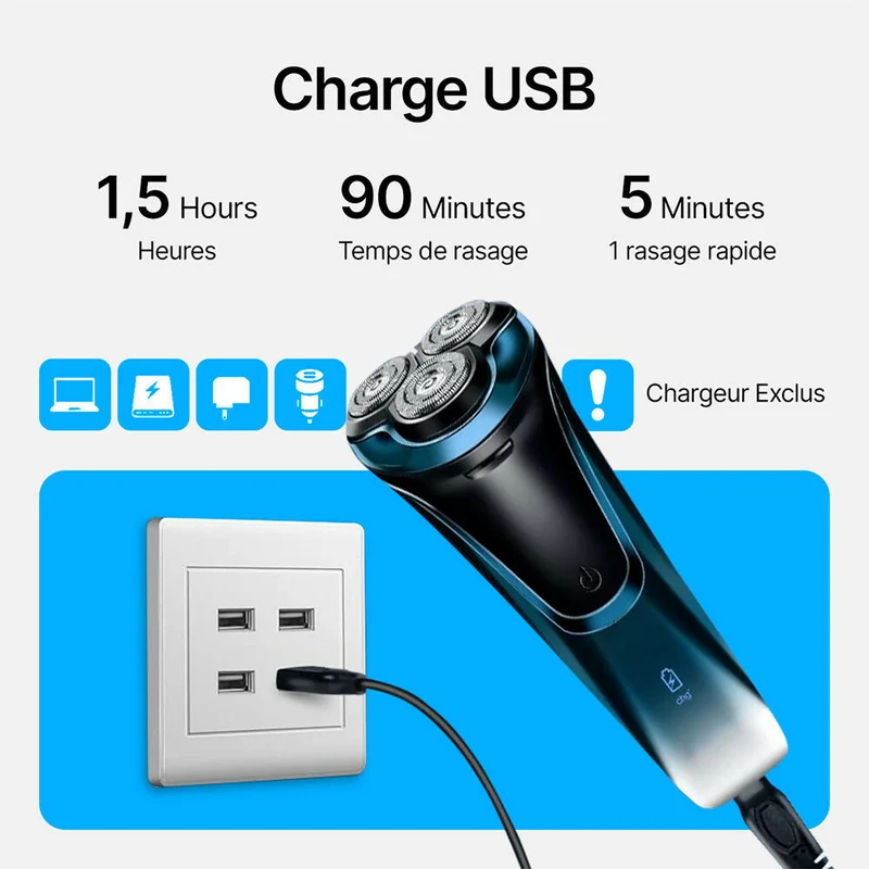 Rasoir électrique pour hommes avec 3 Têtes de rechange / Rasage humide ou sec / Autonomie de 99 min / Avec Tondeuse rétractable / Étui de rangement & Brosse de nettoyage