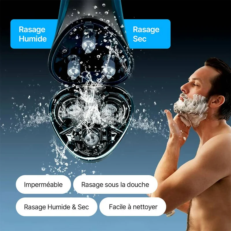 Rasoir électrique pour hommes avec 3 Têtes de rechange / Rasage humide ou sec / Autonomie de 99 min / Avec Tondeuse rétractable / Étui de rangement & Brosse de nettoyage