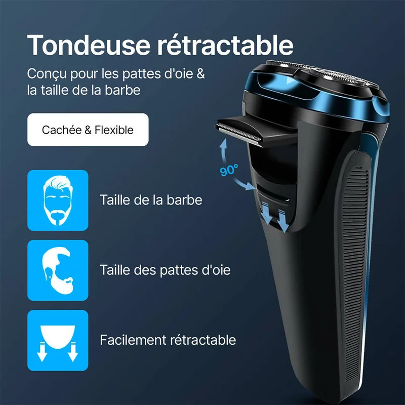 Rasoir électrique pour hommes avec 3 Têtes de rechange / Rasage humide ou sec / Autonomie de 99 min / Avec Tondeuse rétractable / Étui de rangement & Brosse de nettoyage