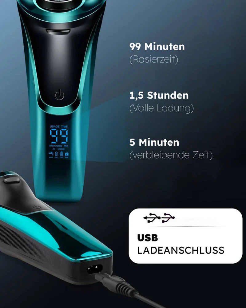 Elektrischer Herrenrasierer / Mit 3er Ersatzköpfen / Nass- und Trockenrasierer / Elektrorasierer mit Pop-up Trimmer / 99 Min. Laufzeit / Bartschneider / LED Anzeige / Reiseetui