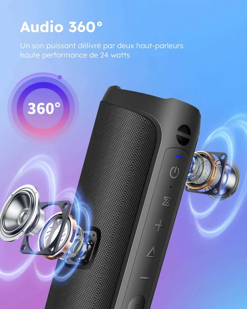 Haut-parleur Bluetooth 5.0 portable / Son stéréo puissant 360° / Basses profondes / Étanche IPX7 / Fonction mains libres / Lumière LED / Autonomie de 24H