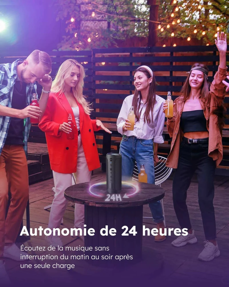Haut-parleur Bluetooth 5.0 portable / Son stéréo puissant 360° / Basses profondes / Étanche IPX7 / Fonction mains libres / Lumière LED / Autonomie de 24H