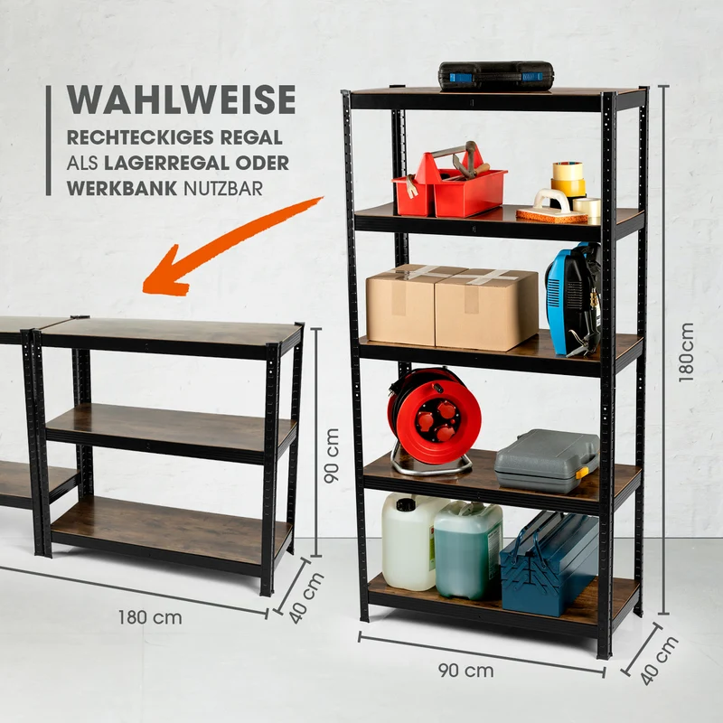 2 in 1 Schwerlastregal & Werkbank - 180 x 90 x 40 cm - Schwarz