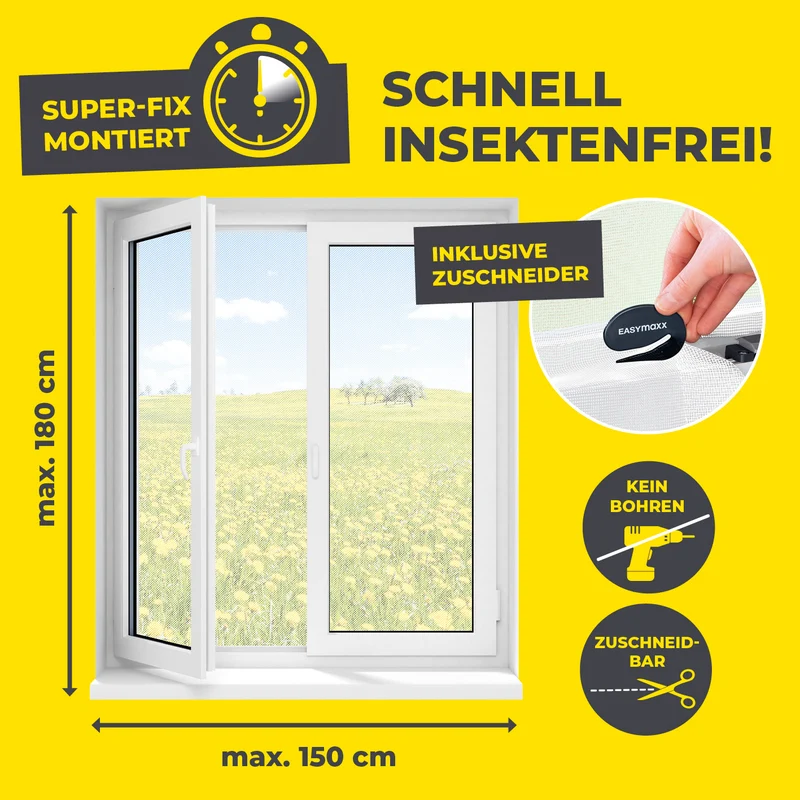Moskitonetz für Fenster mit selbstklebendem Klettband - 2er-Set - 150 x 180 cm - Weiß