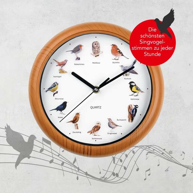 Wanduhr mit Vogelstimmen - 12 Singvogelstimmen - 25 cm