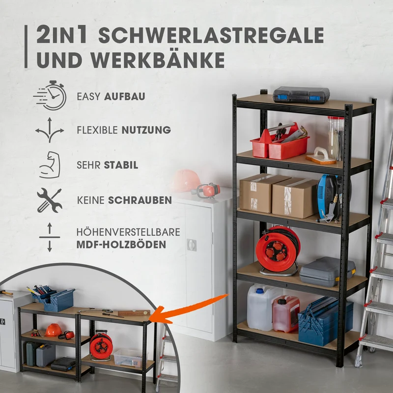Schwerlastregal mit 5 belastbaren Holzböden - 180 x90 x 40 cm - schwarz - 2er-Set