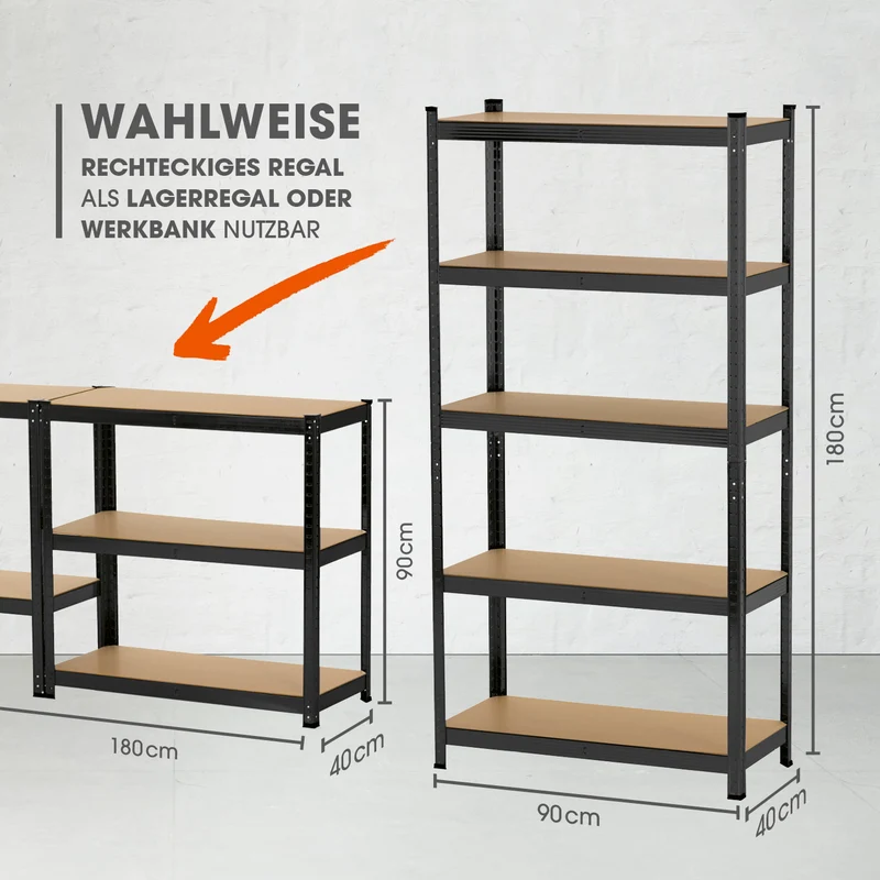 Schwerlastregal mit 5 belastbaren Holzböden - 180 x90 x 40 cm - schwarz - 2er-Set
