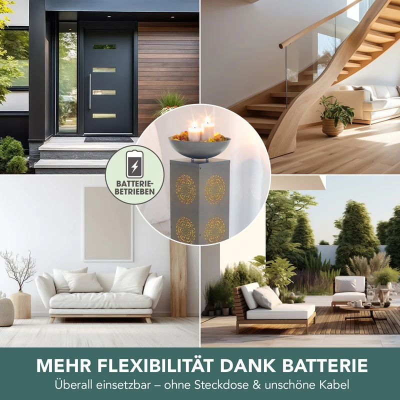 LED-Dekosäule Beton-Optik mit Pflanzschale Mandala - 87 cm - Grau