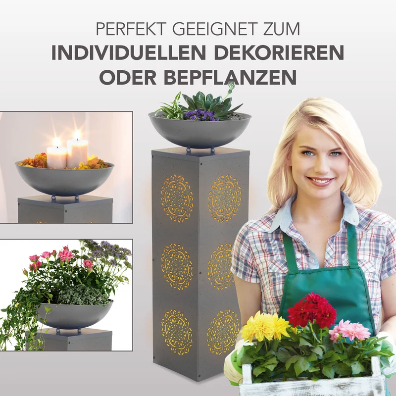 LED-Dekosäule Beton-Optik mit Pflanzschale Mandala - 87 cm - Grau
