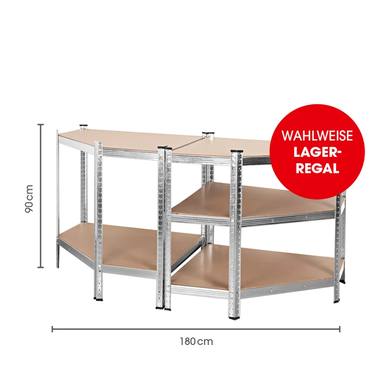 Schwerlast-Eckregal & Werkbank - 180 x 90 x 40 cm - 875 kg Traglast, 175 kg pro Ebene