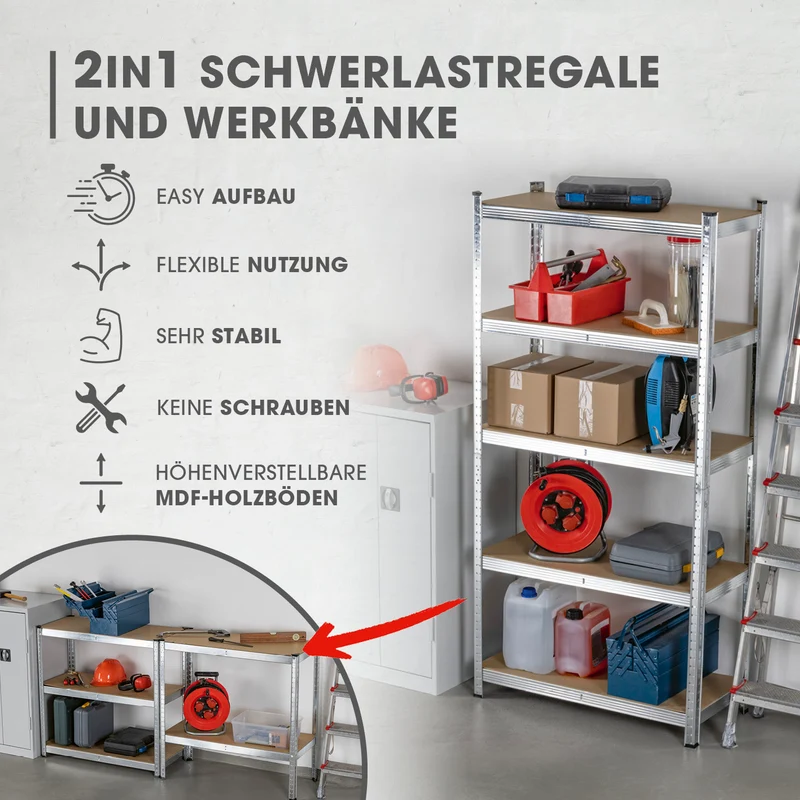 Schwerlastregal & Werkbank 2er-Set - 180 x 90 x 40 cm - 1750 kg Traglast, 175 kg pro Ebene