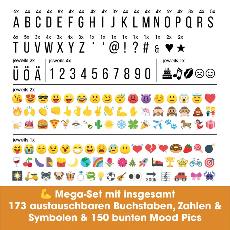 LED-Leuchtkasten Herz - 173 Buchstaben & 150 Moodjis