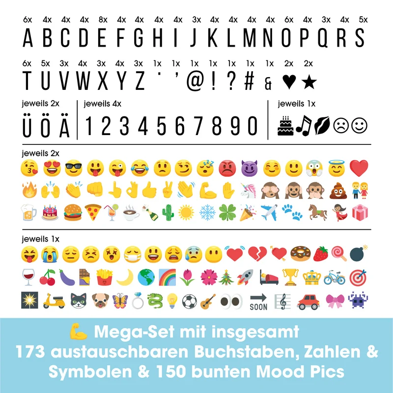 LED-Leuchtkasten Würfel - 173 Buchstaben & 150 Moodjis