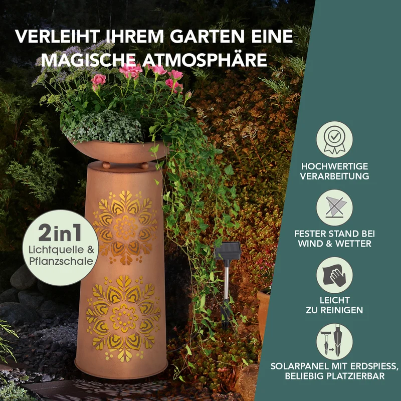 LED-Dekosäule mit Pflanzschale - Rost-Optik Mandala