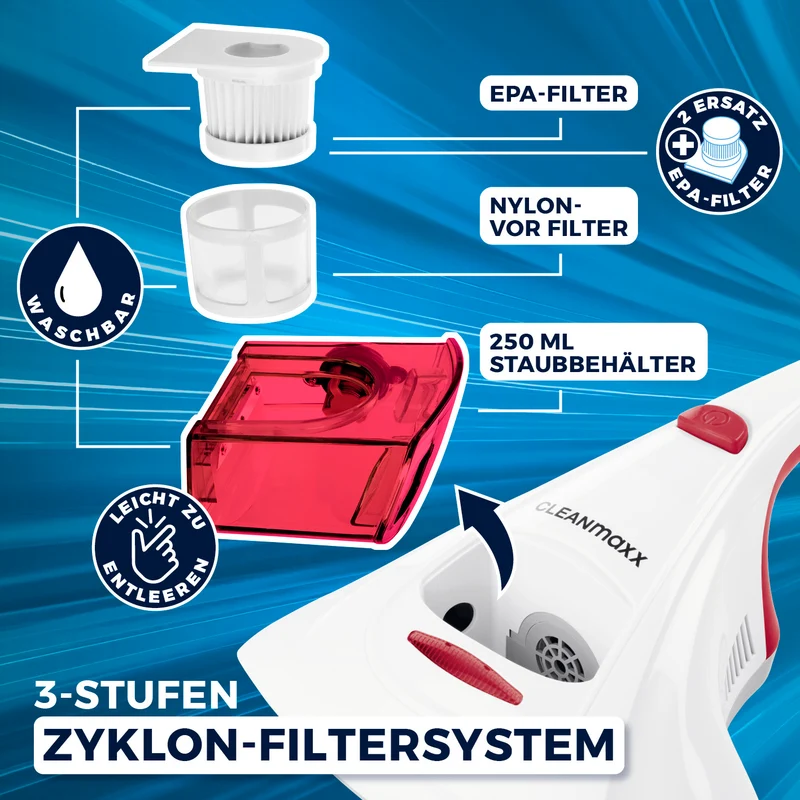Milbensauger Vibration + 2 EPA-Filter - Weiß/Rot